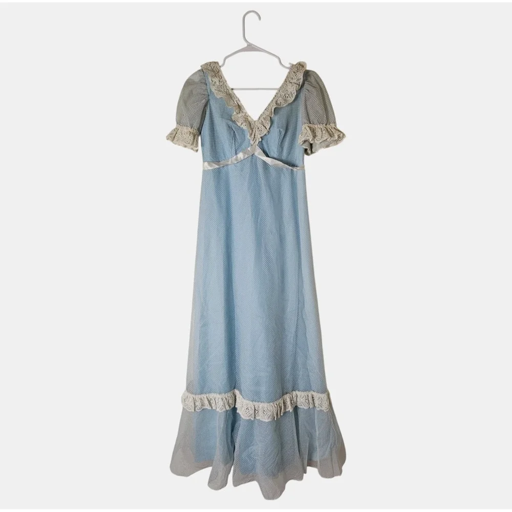VTG Prairie Dress Sheer Mesh Overlay  7 Bany‎ Blue Lace Trim 1970s Cottagecore